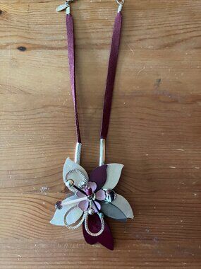 Ann Taylor Ladies' handmade leather flower choker necklace w/crystal accents